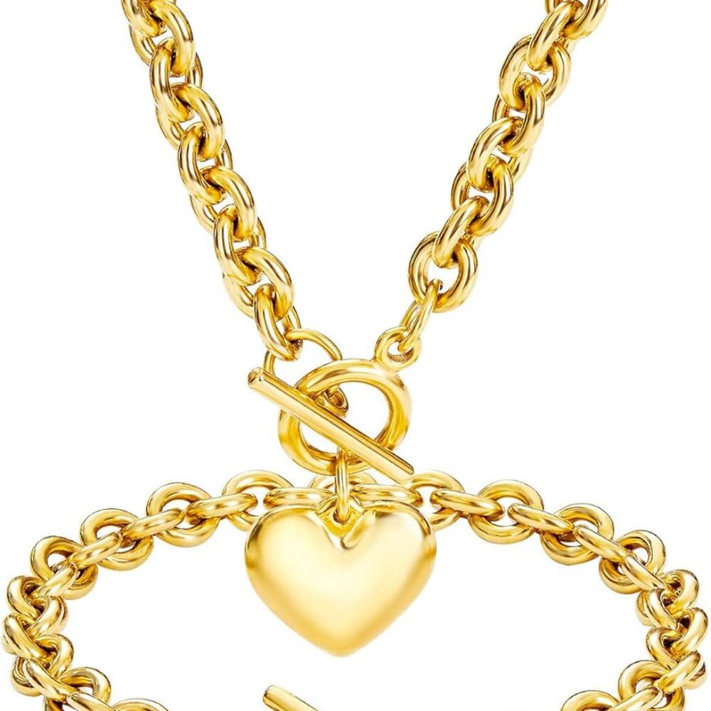 Heart Chain Necklace + Heart Bracelet for Women Girls Hearts Pendant Toggle Char
